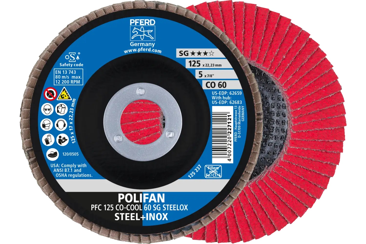 Picture of Pferd Flap Disc, 5" x 7/8, Co-Cool SG Steelox, 60 Grit, T29, Conical, Ceramic oxide
